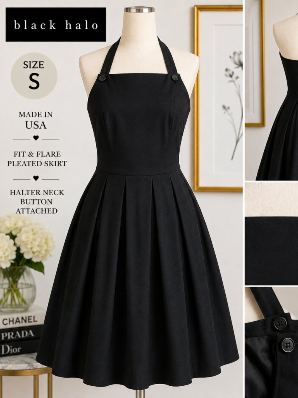 Black Halo NWT Black Halter Strap Pleated Fit and Flare Cocktail Dress Size S